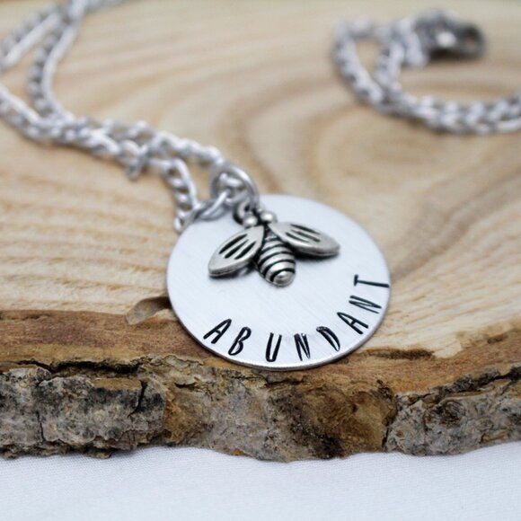 Bee Abundant - Hand Stamped Pendant Necklace - Handmade & Hypoallergenic - Picture 6 of 6